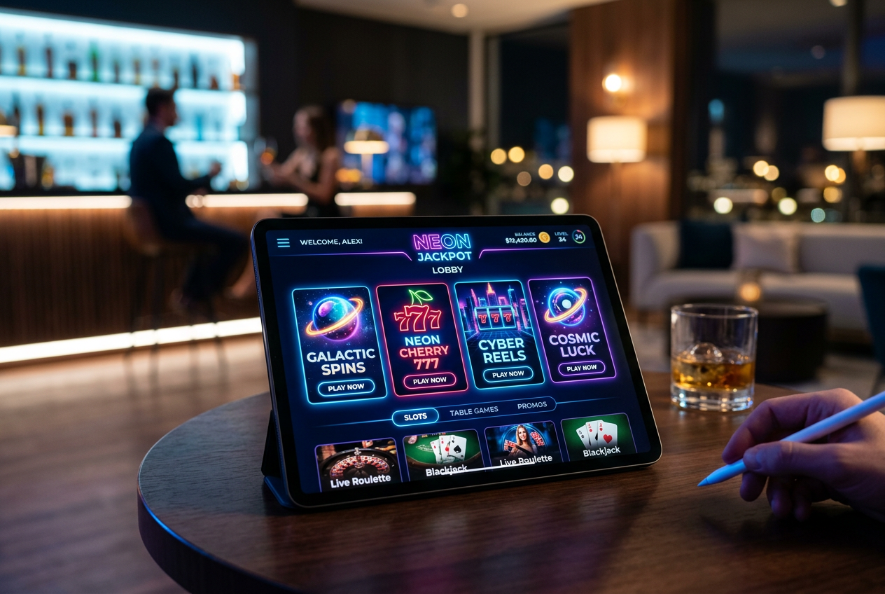 Futuristic online casino interface on a digital tablet