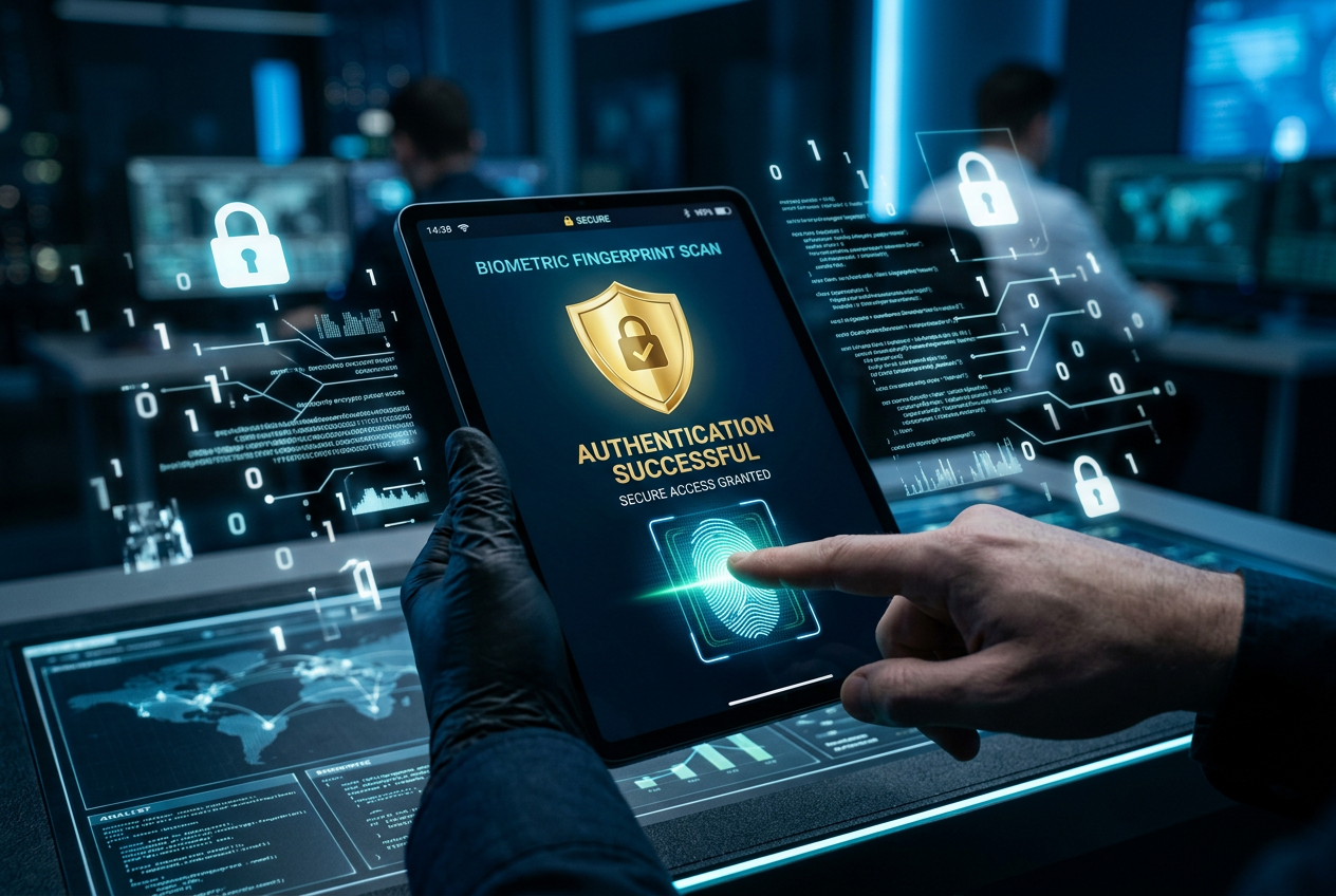 A digital representation of secure transactions with a shield and biometric icons.