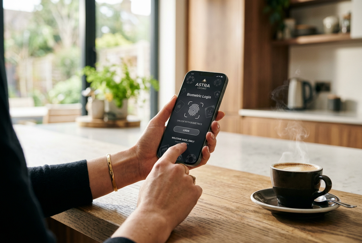 A person using a casino app on their phone next to a coffee cup.