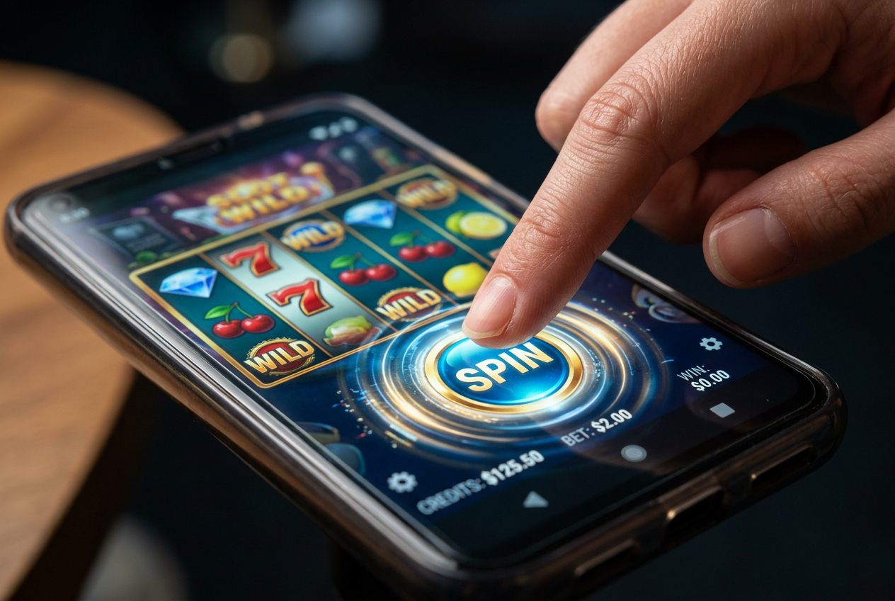 Close-up of a finger interacting with a casino game on a mobile screen.